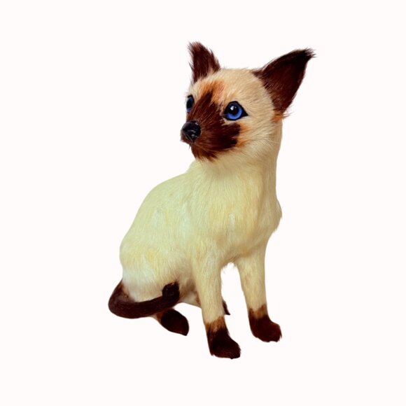 Realistic Siamese Cat Figurine Faux Fur Home Decor Collectible Blue Eyes - Picture 5 of 13